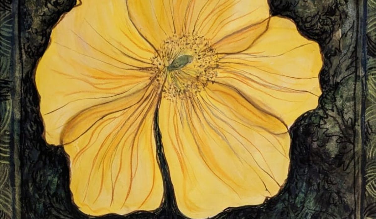 A close view of a five-petalled yellow flower. Each petal has veins indicated by gold and brown wavy lines emanating from its green pistil centre. The pistil is surrounded by the anthers of many stamen represented by numerous small brown dots. In the background, a verigated green patterned cloth continues on the botanical theme with leaf forms indicated by black outlines and a narrow patterned border made of short curved lines in groupings of pale yellow and black.