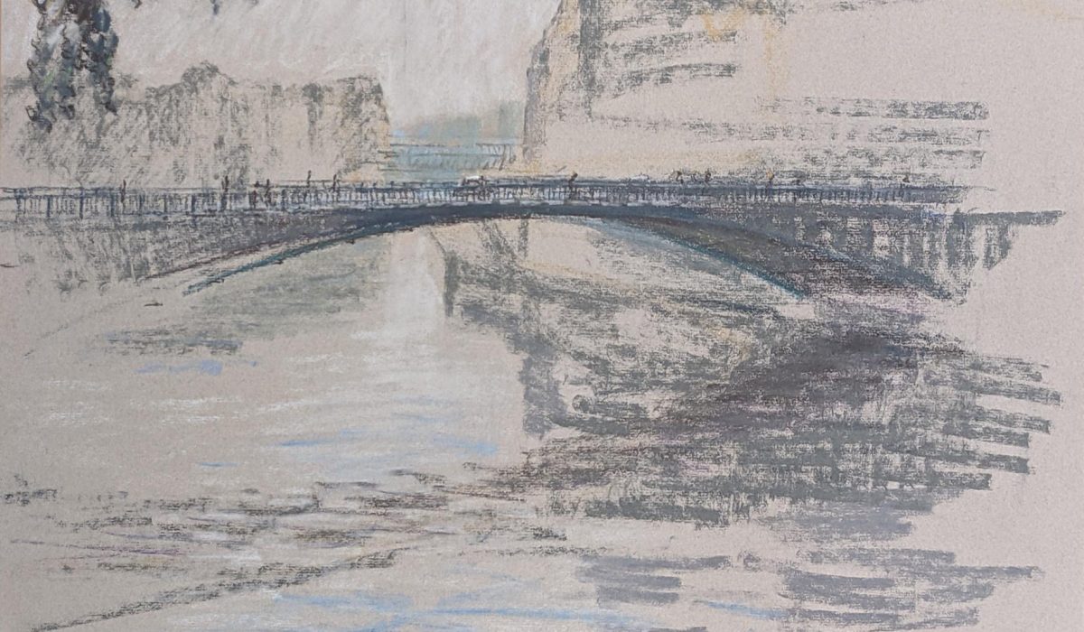 Original chalk pastel drawing by Joseph Plaskett in neutral tones on lightly coloured paper.