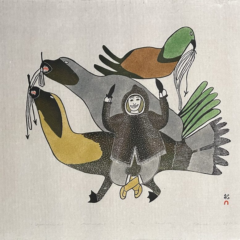 Pitseolak Ashoona. Joyous at the Hunt. Stonecutters stencil on paper, 21/50. 1980.