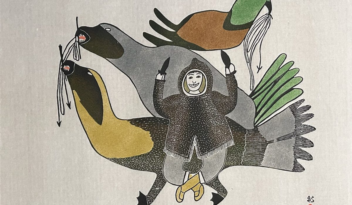 Pitseolak Ashoona. Joyous at the Hunt. Stonecutters stencil on paper, 21/50. 1980.
