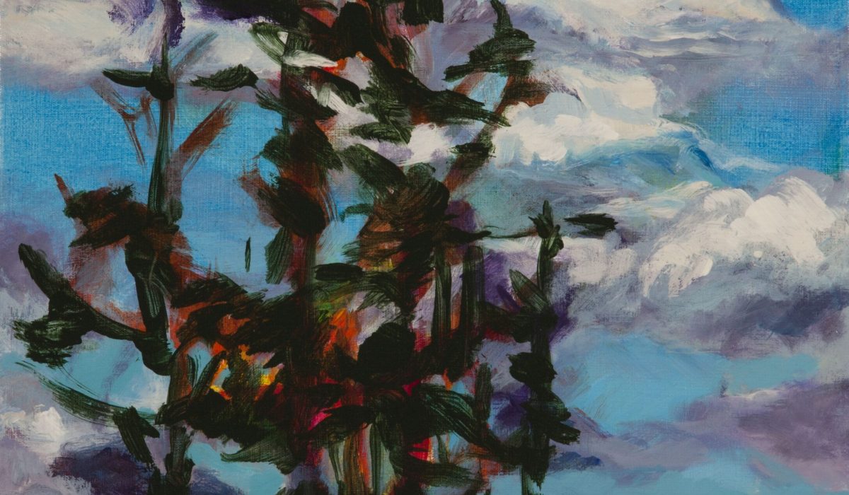 On a bright sunny day with scudding clouds, a small group of fir trees, in brushstrokes of forest green with glints of red, orange, and yellow, stand proud against a light, bright blue sky. The brushstrokes are direct and fresh; the colours, strong and saturated.