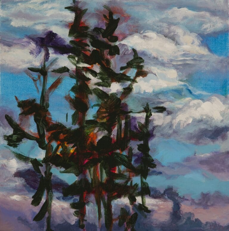 On a bright sunny day with scudding clouds, a small group of fir trees, in brushstrokes of forest green with glints of red, orange, and yellow, stand proud against a light, bright blue sky. The brushstrokes are direct and fresh; the colours, strong and saturated.